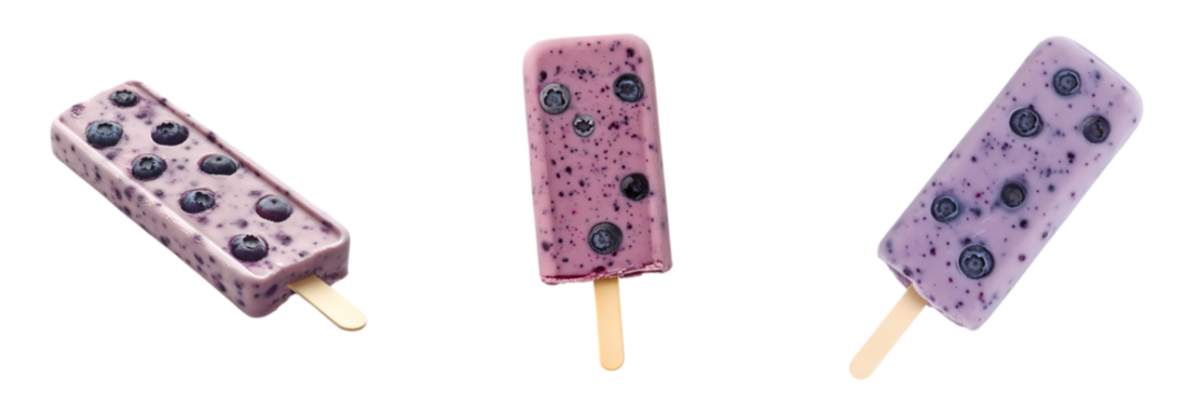 Colorful berry popsicles on transparent background, three variations, fresh blueberries inside, vertical orientation, vibrant and isolated