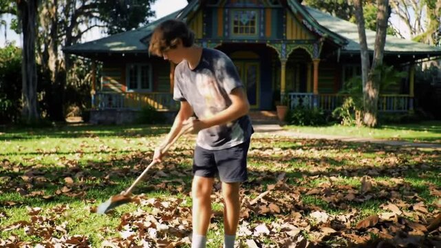 teenage boy sweeping the yard outside the house, outdoor,rake