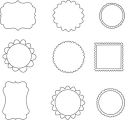 Scallop frame set. Different wavy shapes with squiggly edge border. Zig zag stamps or wiggle stickers for photo, badge, tag design. Curvy labels isolated on white background,
