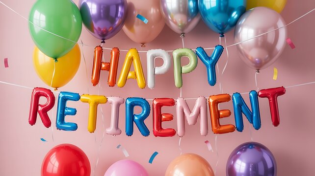 Happy retirement balloon banner with colorful balloons on a pink background wall