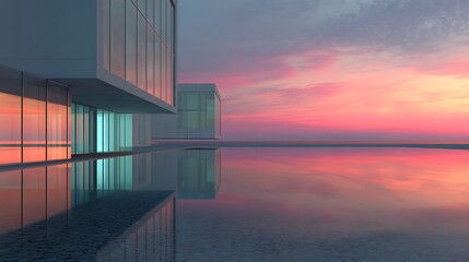 Modern Building Reflection at Colorful Sunset Over Water