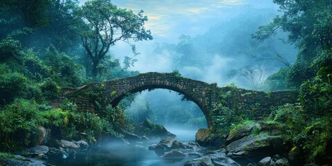 A misty rainforest valley with an old stone bridge connecting both sides of the river