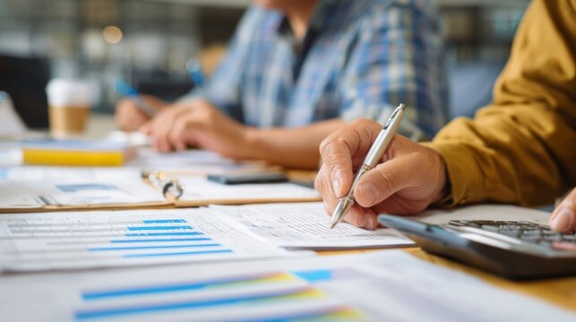 Collaborative financial analysis meeting office workspace documents and charts professional environment close-up view teamwork insights
