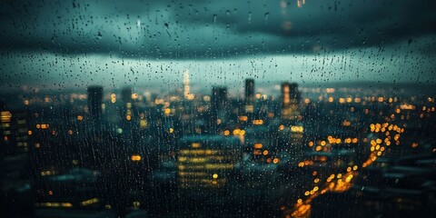 A moody cityscape with dark clouds and raindrops blurring the lights of distant buildings