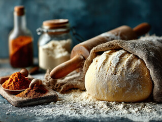Fototapeta premium A ball of bread dough resting on a floured countertop