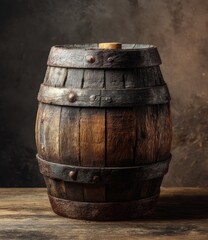 Obraz premium Weathered wooden barrel with metal bands, corked, sits on a dark wooden surface against a textured background