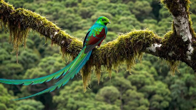 Vibrant quetzal resting on mossy branch in lush forest environment