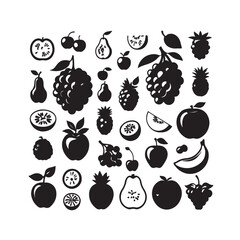 Summer fruits silhouette icons set, Black fruit icons set, various types, flat design, Fruits, vector icon, tropical fruits, minimalist, Simple Black Fruit Icons, Fresh fruit, vector illustration,