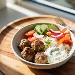 Greek Meatball Bowl with Tzatziki, Rice & Fresh Veggies