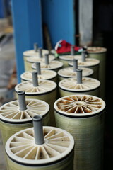 Row of industrial water filter cartridges. RO membrane, water purification, wastewater treatment,...