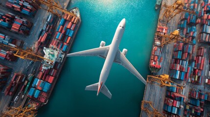Airplane taking off over shipping containers in port aerial view freight transport industrial environment