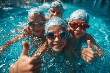 Cheerful kids swimming together, enjoying a sunny day at the pool.