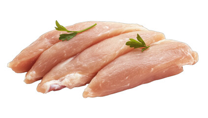 Four raw, pale pink chicken tenderloins, slightly overlapping, garnished with fresh parsley sprigs, presented on a white background
