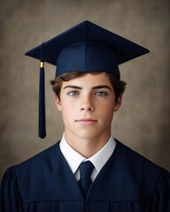A young male graduate in a cap and gown poses confidently.