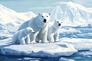 Naklejka premium Family of polar bears on an ice floe in a serene Arctic landscape with mountains in the background