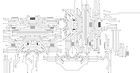 Electronics board. Circuit board electronic hi tech pattern. Vector abstract computer chip. Black monochrome background. 