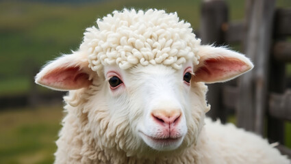 Fototapeta premium close-up view of a sheep and a lamb, Adorable Fluffy White Sheep Close-Up – Cute Soft Farm Animal in Nature, HD and 4K image