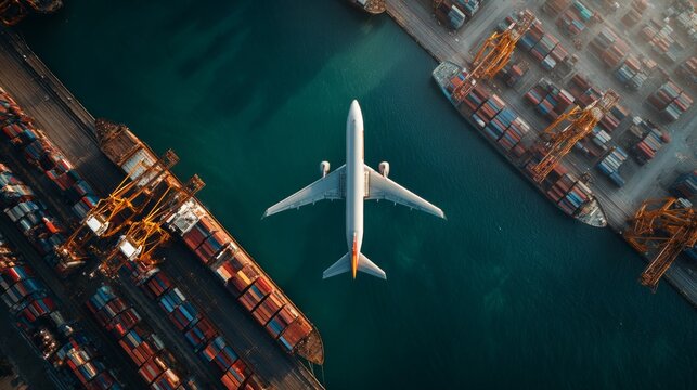 Airplane landing over busy shipping port aerial view urban environment industrial landscape