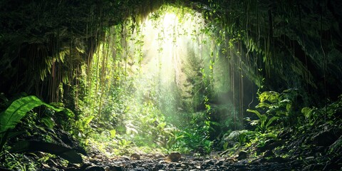 A mysterious jungle cave entrance covered in hanging vines and glowing with natural light