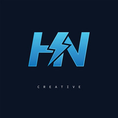 HN Thunderbolt Monogram &ndash; Futuristic Electric Logo with Bold Blue Energy Strike