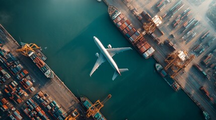 Aerial view of cargo plane overloading at shipping port urban environment drone photography industrial concept