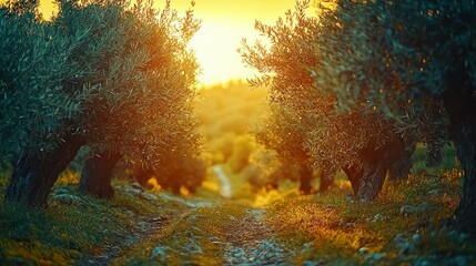 Olive grove path at sunset