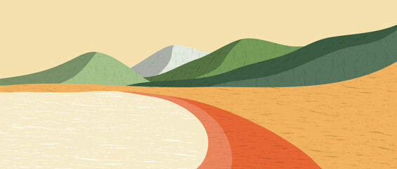 Mountain landscape background. creative minimalist modern art print. mountains, hills and beach. use for print art, poster, cover, banner