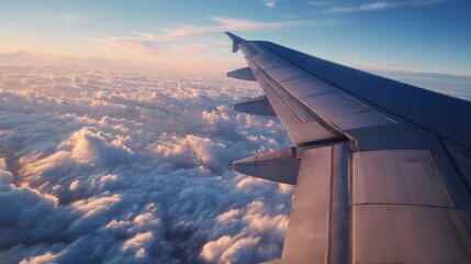 Obraz premium Flying above the clouds airplane wing view aerial photography serene skies travel concept