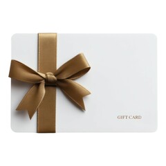 A white gift card decorated with a gold ribbon and bow, perfect for any celebration or special occasion.