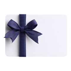A blank white card with a navy blue ribbon and bow, perfect for gifting or special occasions.