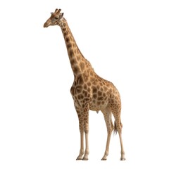 Fototapeta premium A tall giraffe with a long neck and spotted coat stands against a white background.