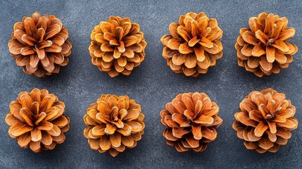 Nine dried orange pine cones arranged on a gray surface
