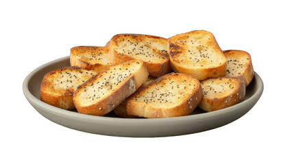Obraz premium Toasted bread slices, sprinkled with poppy seeds, rest on a light gray oval plate