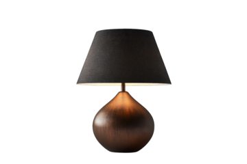 Dark-bronze, bulbous base table lamp with a dark gray fabric shade