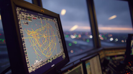 Close-up of air traffic control radar screen with glowing flight paths and aircraft symbols. Aviation safety, airspace monitoring and flight tracking technology concepts.