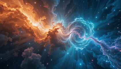 Vibrant Energy Cloud with Orange and Blue Light Streams in Space