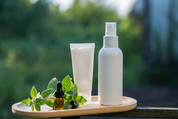 White handmade cosmetic bottles template mockup skin care herbal alternative Insect repellent...