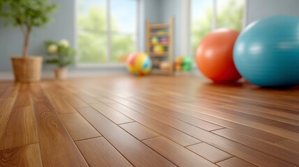 Bright Playroom Hardwood Floor  Exercise Balls  Plants