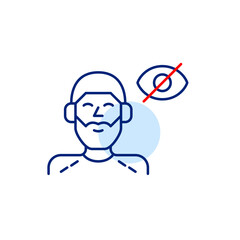 Vector icon of man wearing headphones with crossed-out eye, symbolizing private listening, hidden audio, or invisible sound mode. Ideal for music apps, settings, and audio platforms