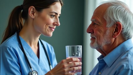 Compassionate nurse in scrubs offers a glass of water to an elderly patient. Their warm interaction highlights care, trust, and professional healthcare support in a clinical setting.