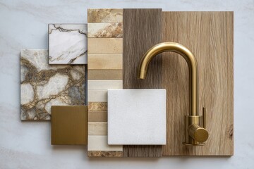 Flatlay showcasing gold faucet & assorted neutral-toned tiles & wood samples for interior design inspiration