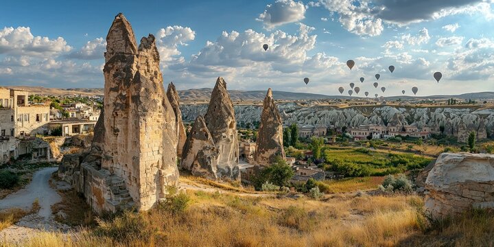 A panoramic view of Cappadocia’s fairy chimneys with dozens of hot air balloons in the sky