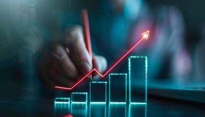 A hand drawing an upward trending graph over a bar chart, symbolizing business growth and financial success.