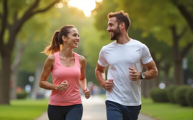 Cheerful athletic couple jogging through park. High quality