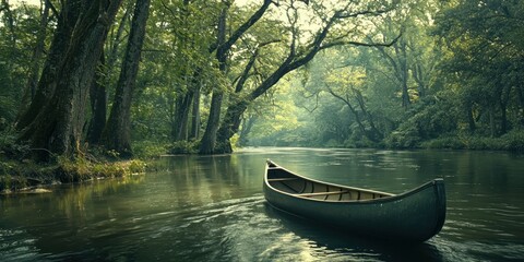 A peaceful adventure as a canoe drifts along a winding river through towering jungle trees
