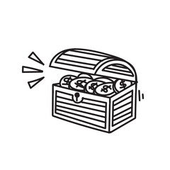 treasure box full of gold coins in doodle style