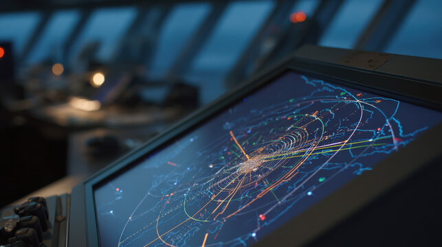 Close-up of air traffic control radar screen with glowing flight paths and aircraft symbols. Aviation safety, airspace monitoring and flight tracking technology concepts.