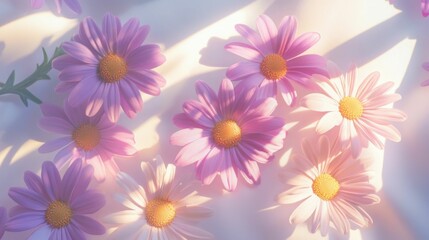 Elegant bouquet of purple and pink daisies with soft shadows on a lavender background, 
