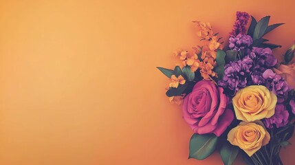 Colorful floral bouquet in pink and violet hues, placed on the left side of a solid orange surface, 
