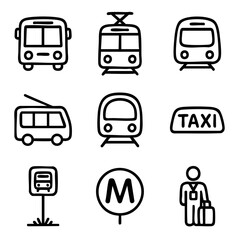 A set of doodle line icons showing buses, trams, metro, trolley, taxi sign, stations, and commuter symbols for urban transport themes
